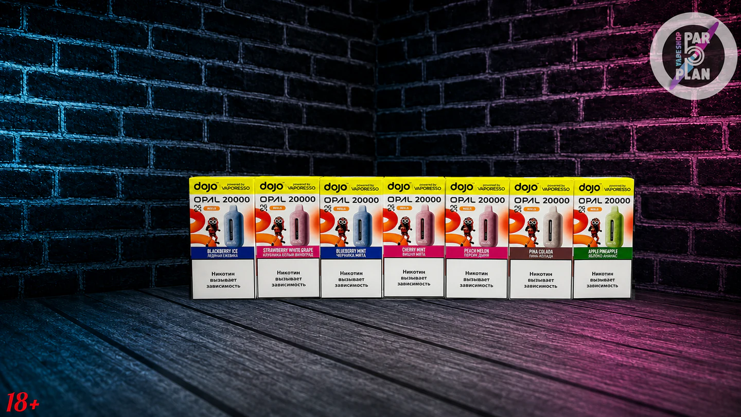 Семь упаковок DOJO OPAL 20000 x OGGO с названиями семи вкусов
