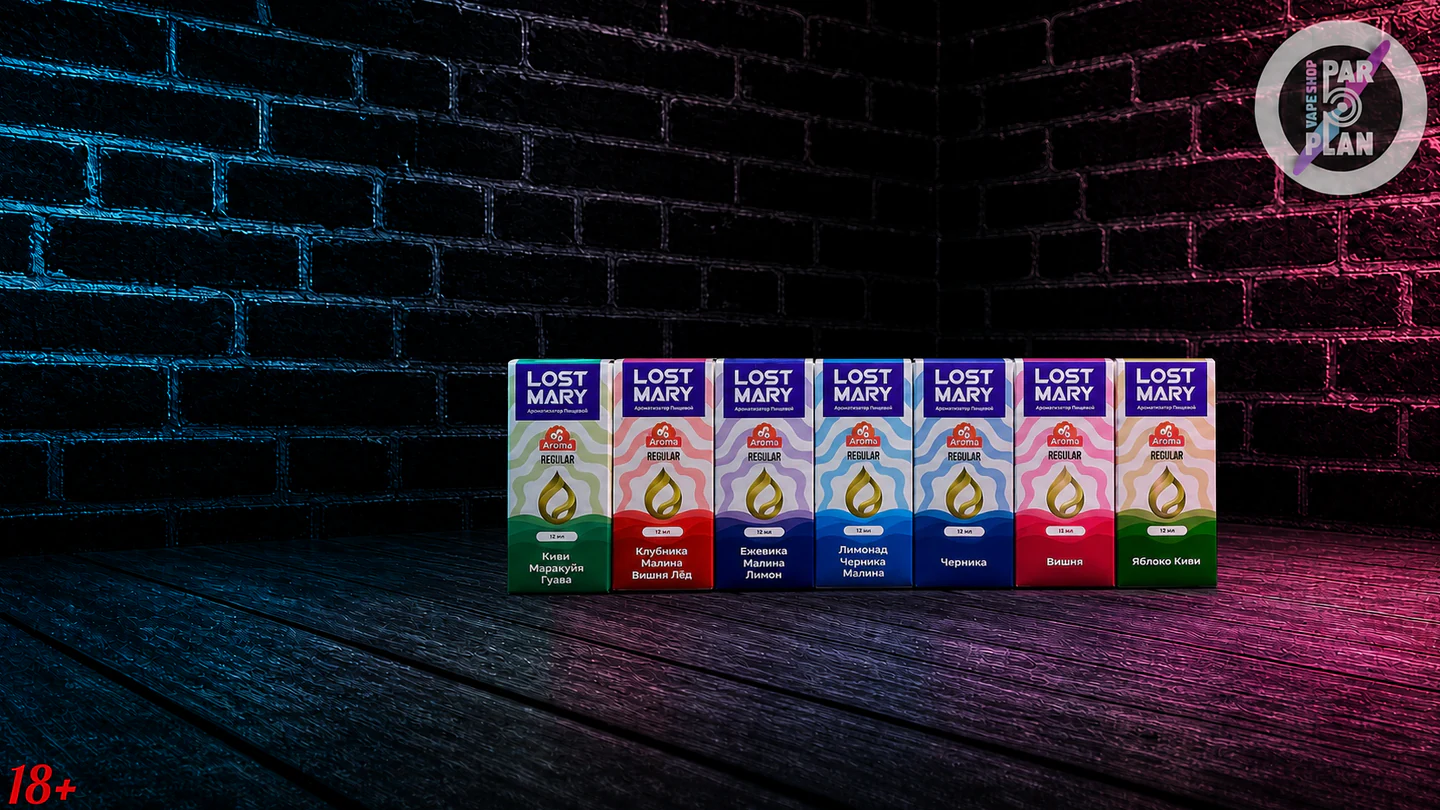Семь упаковок LOST MARY AROMA Regular 12 мл с названиями вкусов